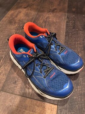 HOKA Clifton 2 Running Shoes Men’s 12 Blue Orange Lightweight Cushioned Sneakers